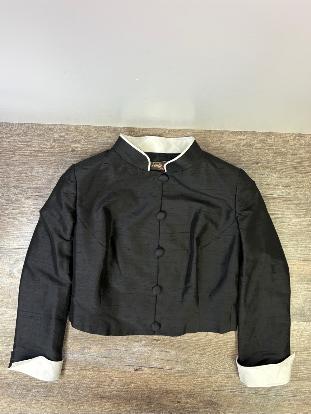 Kenly Silk Black & Ivory 100% Silk Mandarin Collar Jacket